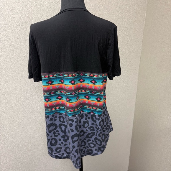 Crazy Train Aztec Leopard Colorblock Western Boho Tee Black Boutique Top L - Picture 5 of 10